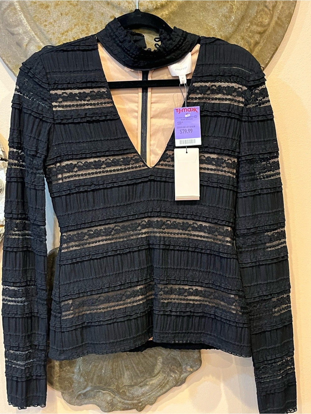 cinq a sept Black Lace-Trim V-Neck Long Sleeve Top NWT